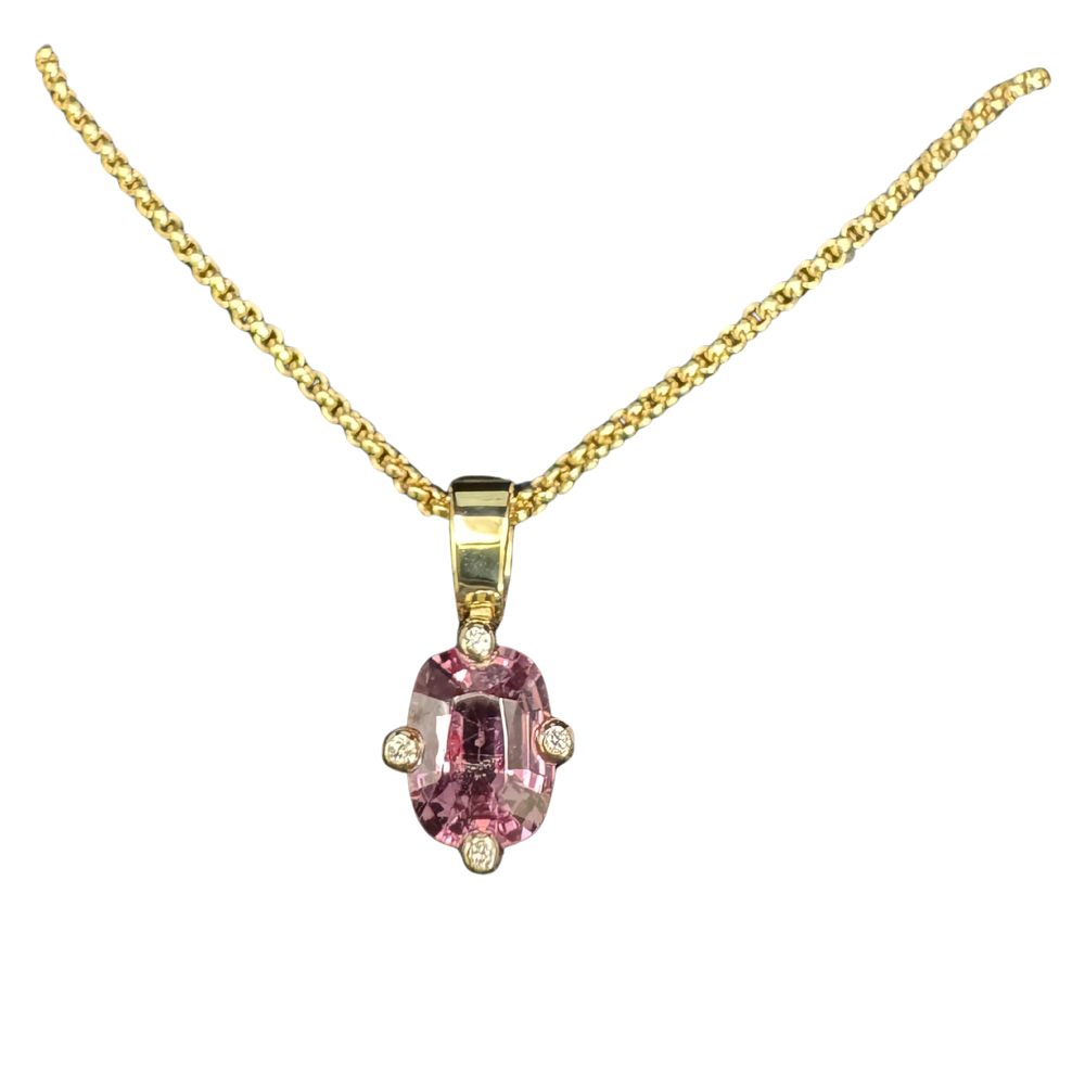 Rosa Spinellanhänger aus Gelbgold mit Kette 750 Kt